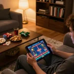 Person engaging in online gambling with 78wingo app on tablet in a cozy setting