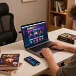 Engaged user playing kubet77 online casino on a laptop at home, emphasizing responsible gambling.