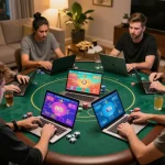 Players enjoying an online poker game with BCX88, showcasing fun and strategy in a cozy home setting.