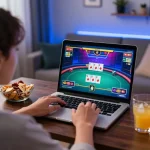 Engaged user playing poker on go8 online casino, showcasing dynamic game interface and cozy home atmosphere.