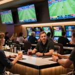 Engaged bettors placing wagers at keonhacaii88 sports betting area with live match screens.