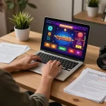 Engaging person strategizing gem88 gameplay on a laptop in a cozy home office.