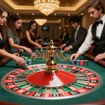 Players engaging strategy at the roulette table in co88 casino, vibrant betting action and elegant atmosphere.
