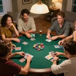 Play poker with friends at UK88, showcasing vibrant chips and excitement during a home game night.