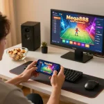 Mega888 apk original download showcased on smartphone in an inviting home gaming setup.