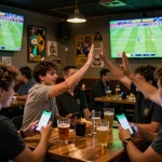 Cakhiatv users enthusiastically betting on football matches in a vibrant sports bar