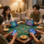 Tài xỉu online gaming atmosphere with friends enjoying smartphones at cozy home setting