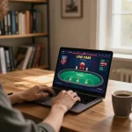 Player engaging with online casino games on laptop, showcasing lsa gameplay experience.