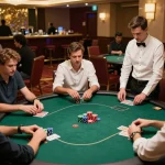 Players strategizing during an intense SV88 poker game in a lively casino atmosphere.