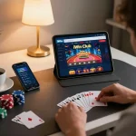 Engaging poker gameplay on the iwin club app with chips and cards, showcasing a vibrant home gaming atmosphere.