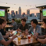 Soi kèo nhà cái action as friends engage in sports betting at a rooftop bar during sunset