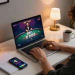Player engaging in online casino games at home with Jun88, showcasing an exciting gaming atmosphere