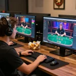 FC88 player engaging in online poker tournament at a sleek gaming setup, showcasing strategy and focus.