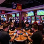 Exciting sports betting scene at uk88 casino, with bettors engaged and digital odds displayed.