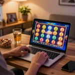 Engaged player spinning Slot Malaysia reels on laptop in cozy home gaming setup