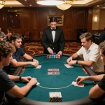 Intense atmosphere at a 999bet poker game, showcasing competitive players and a professional dealer in an upscale casino.