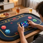 TaiXiuOnlineGo player engaging in online Tài Xỉu gaming on smartphone in a cozy modern setting.