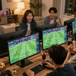 Engaged player analyzing keo nha cai while betting on live sports in a cozy home environment.