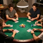 Friends enjoy a lively poker night, demonstrating strategic gameplay at home with LV88.