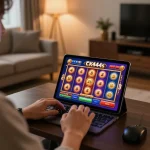 Engaged player enjoying CK444s slot games on a tablet in a cozy home gaming setup.