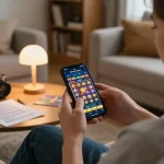 Engaging with go89 slot games on a smartphone in a cozy home setting.
