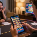 Player engaging in a thrilling Nổ hũ game on smartphone, showcasing excitement and strategic gameplay.