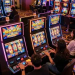 Nổ Hủ gameplay captures players excitedly pressing buttons on slot machines in vibrant casino atmosphere