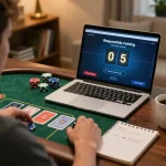 Engaging in online poker at home with tic88 on screen, showcasing strategy notes and cozy ambiance