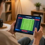 Player engaging in keobongda soccer betting on a tablet, showcasing betting interface and strategic insights.