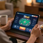 Engaged player enjoying poker on 11bet online casino app in a cozy home setting