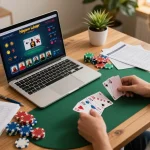 Engaging players in gamebaidoithuong8 online poker gameplay amidst strategic notes and cozy home office