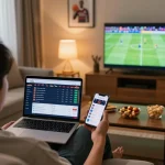 Xoilac user engaging in live sports betting while watching a match on TV, showcasing excitement and strategy.