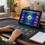Engaging online gaming scene featuring a player on 789BET using a tablet for live dealer games