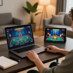 Playing online casino games at home with HAY88X interface displayed on the laptop.