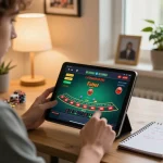 Engaging with Fabet online blackjack game interface on a tablet in a cozy home office setting