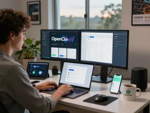 OpenClaw's clawbot AI assistant displayed on a modern office setup, showcasing productivity tools and integrations.