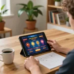 Hitclub player strategizing with gaming tablet at cozy home setup