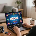 Player engaging in exciting online gaming experience at Bay789 with vibrant casino interface and relaxing home setting