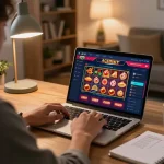 Engaged player navigating the trang chủ king88 online casino app with vibrant graphics in a cozy home environment.