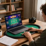 Player strategizing with fly88 online poker game on laptop, cozy home gaming atmosphere.