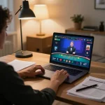 Engaging with trang chủ 789win live dealer game on laptop in a stylish home setup