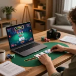 Player using laptop for tr88 blackjack strategy with focused expression in cozy setting