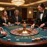 MM88 players engaged at a roulette table, showcasing vibrant chips and an elegantly lit atmosphere.