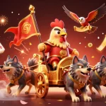 Experience the thrill of go88 with a cartoon rooster warlord leading the way in an engaging casino scene.