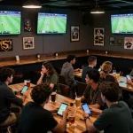 Watch scores for kết quả bóng đá in an energetic sports bar with friends enjoying the game.