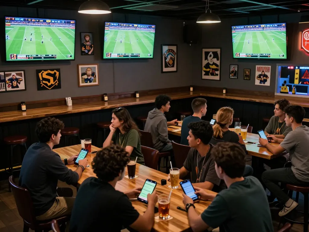 Watch scores for kết quả bóng đá in an energetic sports bar with friends enjoying the game.