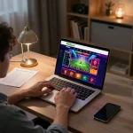 Engaged user accessing trang chủ 789win for online betting strategies in a warm home office setting.