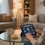 Player enjoying online gambling at 92slot on a tablet in a cozy home setup