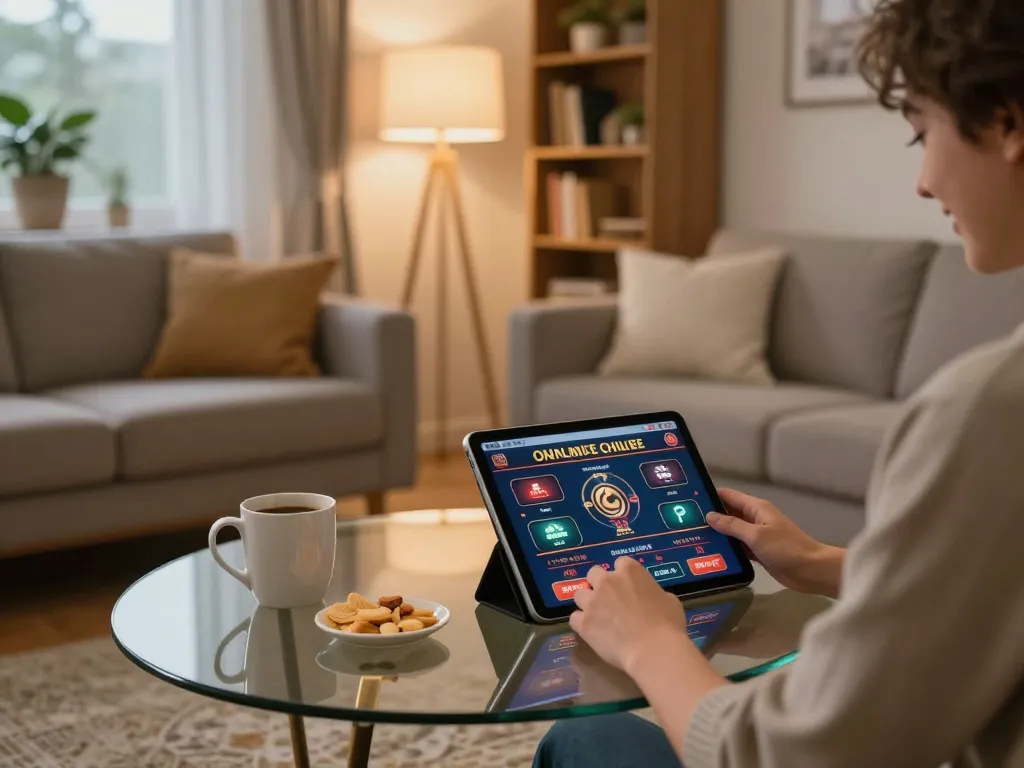 Player enjoying online gambling at 92slot on a tablet in a cozy home setup
