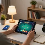 DABET gaming experience at home with tablet showing poker gameplay, chips and strategy notes on desk.